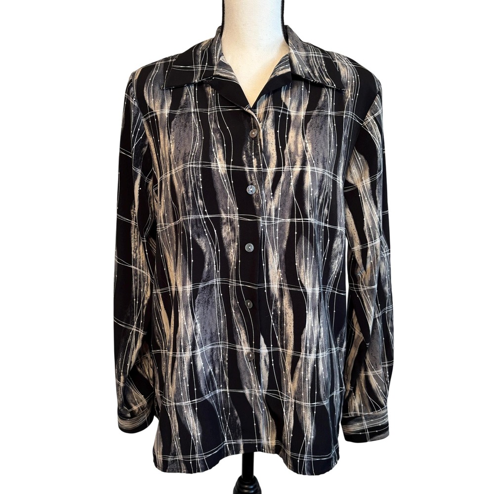 Long Sleeve Button Blouse Jordan Medium Vintage 90s Black & White Ripple Pattern